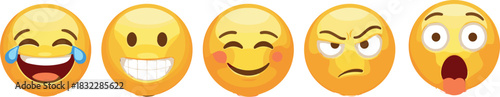 Vector illustration set of five yellow cartoon emoticons featuring laughing tears, nervous grimace, happy smile, suspicious look, and shocked screaming face expressions for social media.