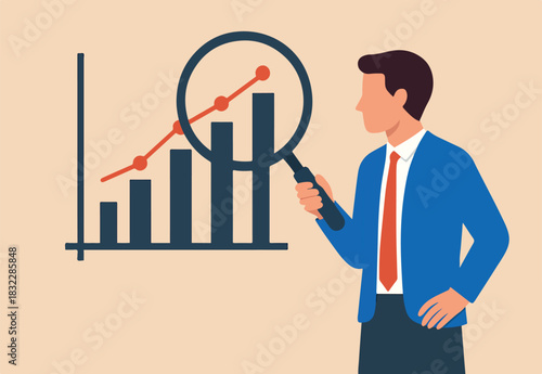 Business analysis, calculate or research for market growth, financial report, investment data or sale information concept, smart businessman analyst holding magnifying glass analyze graph and chart.