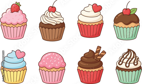 Vector set of eight colorful cupcakes with various toppings including cherry, strawberry, and chocolate, sweet bakery dessert collection for birthday party food design elements.