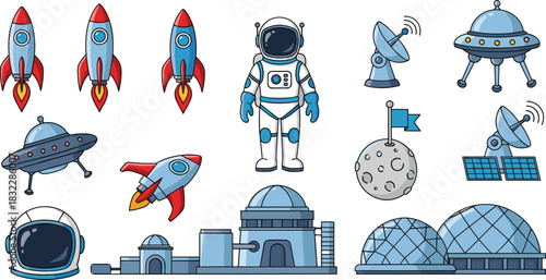 Vector set of space icons, blue rockets, astronaut character, alien ufo, moon crater, satellite dish, and futuristic base domes, isolated illustrations for science fiction projects.