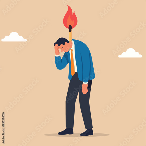 Burnout stressed or work anxiety causing depression or exhausted, tired from overworked or overload job, fatigue or trouble on emotional despair concept, businessman with burning matchstick head