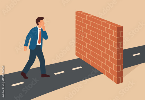  Business barrier, obstacle or difficulty, road block or career struggle, trouble or problem to be solved, prohibited or dead end concept, confused businessman walk on the road to brick wall barrier