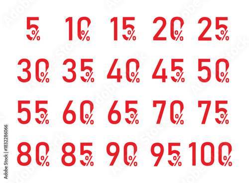 Set of collection of discount numbers red color, Sale icons or tags with 10, 20, 30, 40, 50, 60, 70, 80, 90 percent discount. Vector illustration