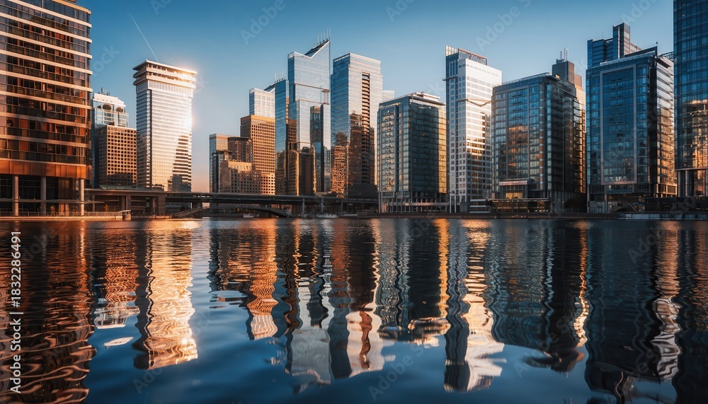 Obraz premium Cityscape Reflection: A modern cityscape reflects majestically on calm water, with the warm light of dawn or dusk painting the high-rise buildings in a symphony of colors.