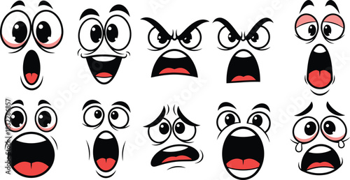Cartoon Face Emotions Set Comic Expressions for Animation Expressive Eyes and Mouths of Funny Characters Diverse Feelings Collection