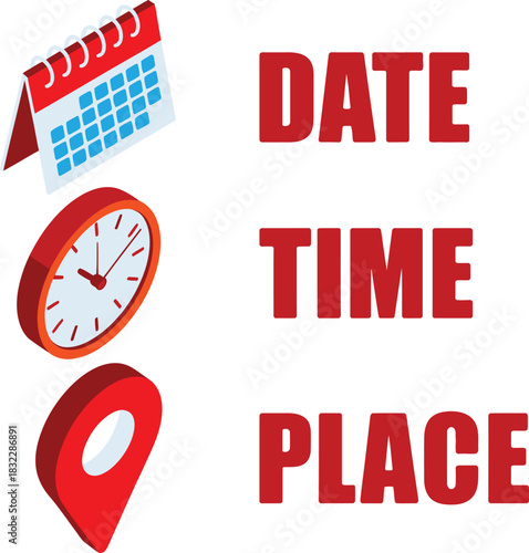 Scheduling and Planning Iconography Set with Date Time and Place Indicators for Appointments