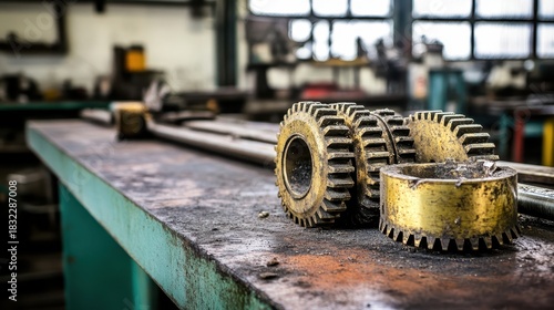 Collection of tarnished brass gears and metal components resting on a workbench in an industrial workshop environment