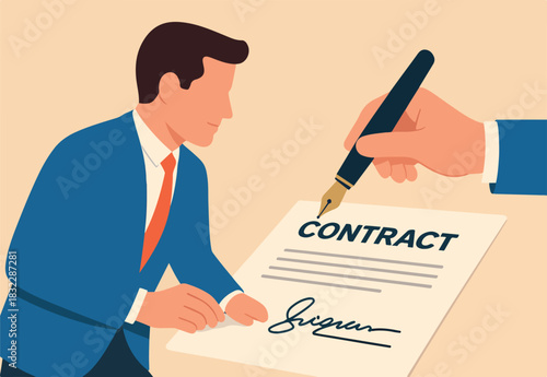  Business deal, agreement, sign contract and paperwork for banking loan, mortgage or government policy, confidence businessman leader or client using fountain pen signing his signature on paperwork