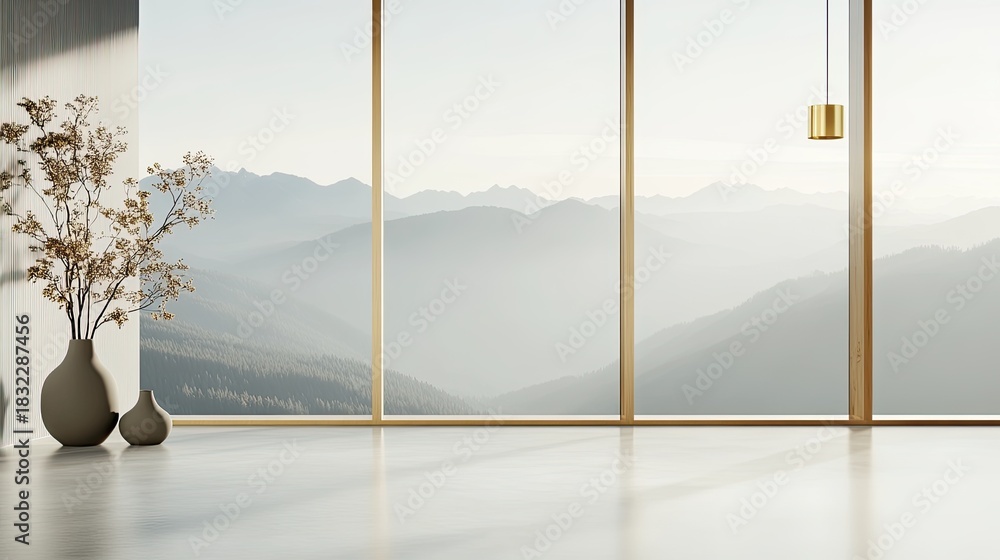 Naklejka premium Elegant minimalist interior with mountains view in autumn featuring a fireplace and large dining table