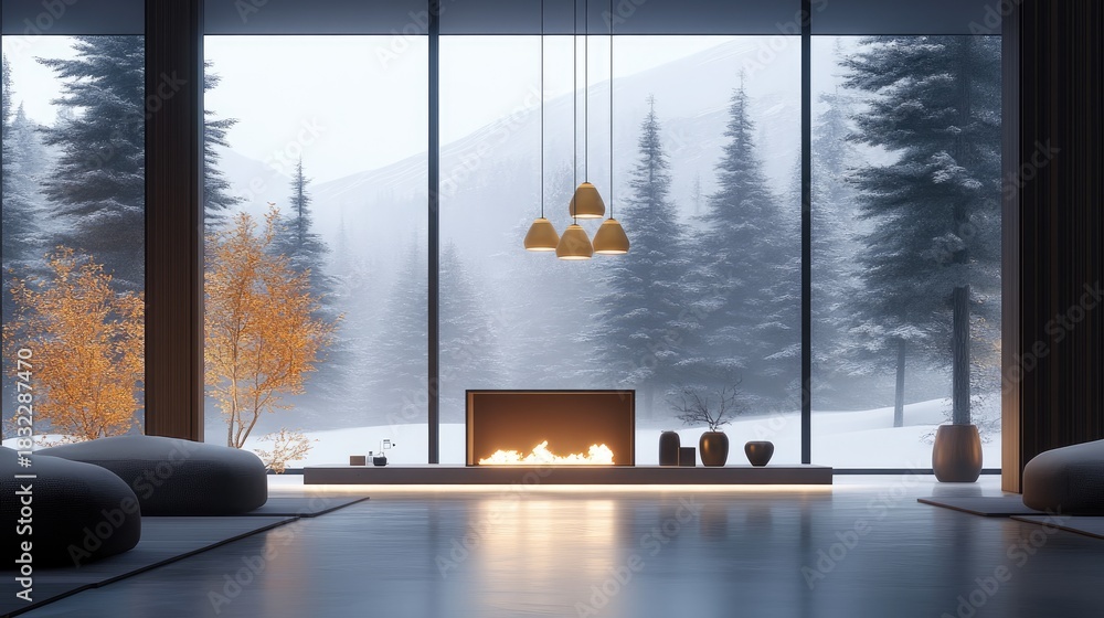 Fototapeta premium Elegant minimalist interior with mountains view in autumn featuring a fireplace and large dining table