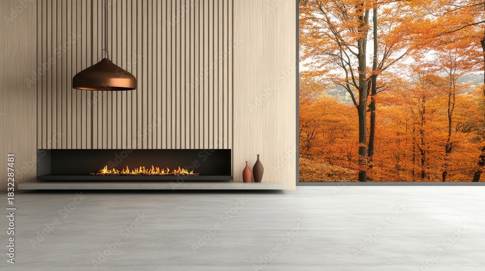 Fototapeta premium Elegant minimalist interior with mountains view in autumn featuring a fireplace and large dining table