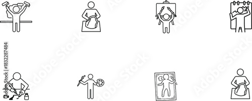Collection of eight line art icons depicting artistic and creative actions