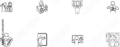 Collection of eight line art icons illustrating creative professions and hobbies