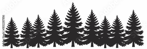 Black silhouette of snowy pine forest with dense winter trees, monochrome nature scene, perfect for landscape artwork, wilderness backgrounds, vector illustrations, seasonal designs, and dramatic outd