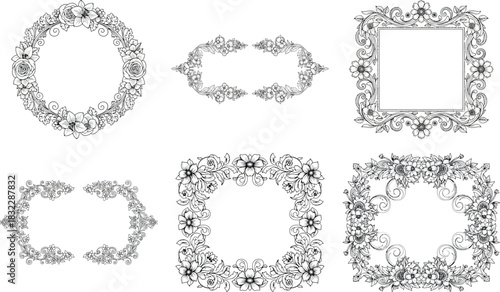 Collection of six elegant floral frames isolated on transparent background, perfect for adding a touch of nature to designs