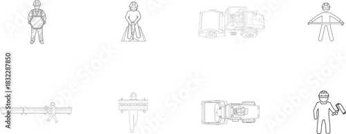 Construction worker illustrations with machinery and safety equipment