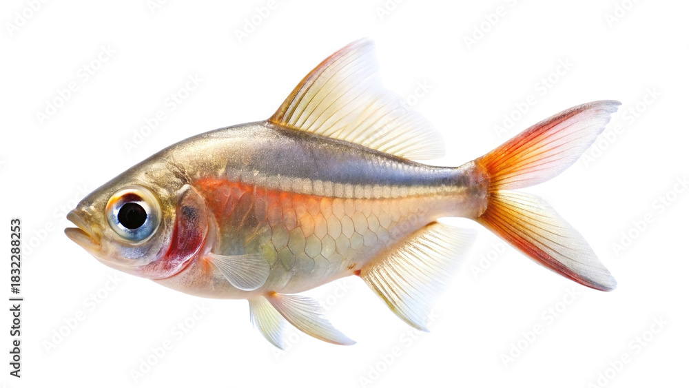 Fototapeta premium A small shimmering translucent fish with delicate fins and a vibrant orange tail isolated on transparent background