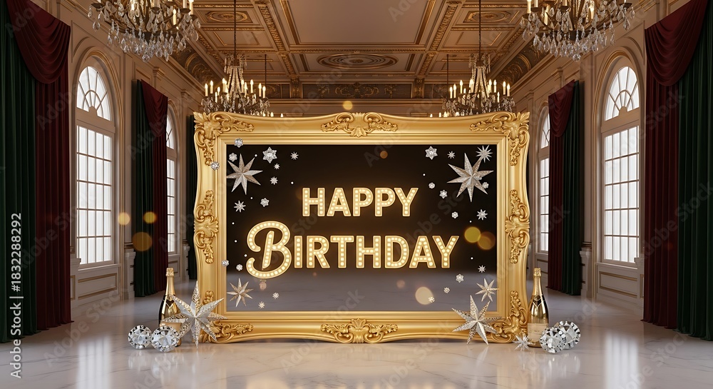Fototapeta premium Happy birthday celebration in luxury room with gold frame and champagne bottle for birthday party