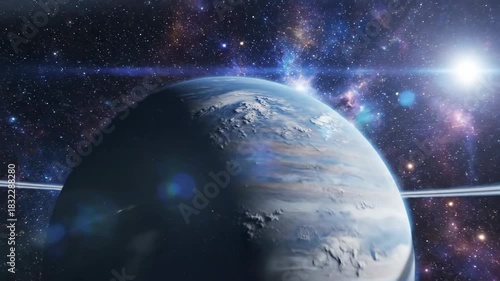 Gas giant planet with rings in starry nebula cosmos