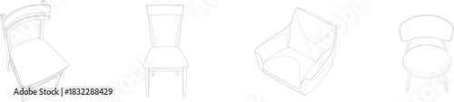 Four distinct chair line drawings on a white background