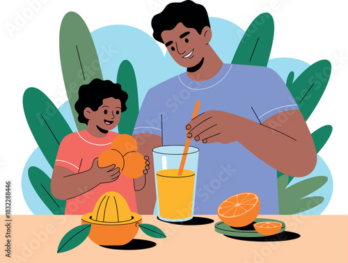 A father and child prepare fresh orange juice together, a healthy family activity.