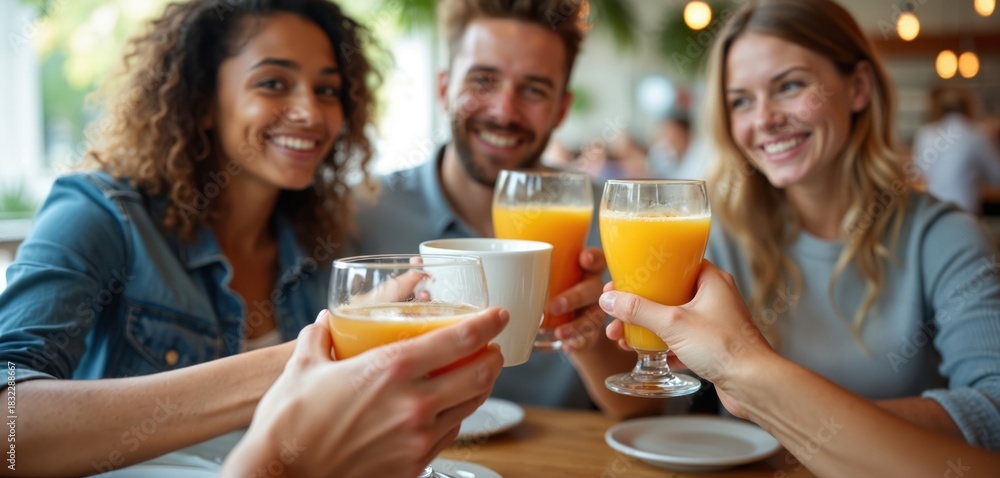 Obraz premium Happy young diverse friends meet for breakfast brunch at vibrant urban cafe restaurant. Cheerfully toast with fresh orange juice, hot coffee mugs, enjoying social time. Group shares warm smiles, good