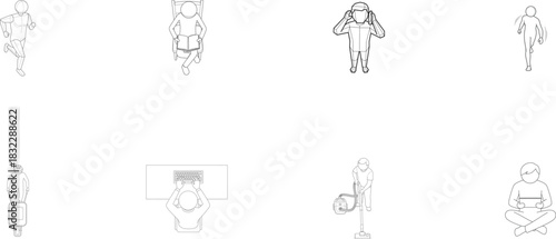Line Art Depictions of People Exercising, Working, and Relaxing