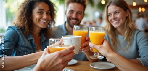 Happy young diverse friends meet for breakfast brunch at vibrant urban cafe restaurant. Cheerfully toast with fresh orange juice, hot coffee mugs, enjoying social time. Group shares warm smiles, good