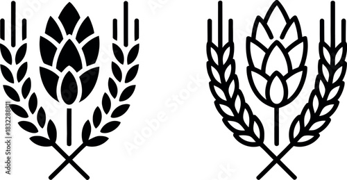 Two stylized icons of hops and barley are shown side by side against a white background.