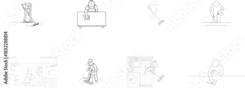 Line art representations of cleaning professionals and tasks