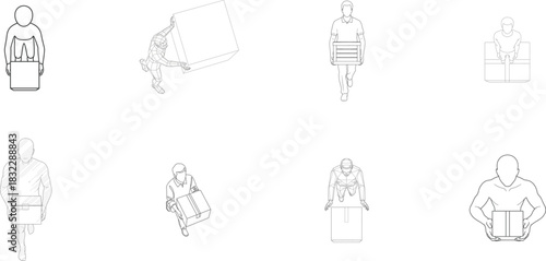 Line art representations of people transporting boxes and parcels