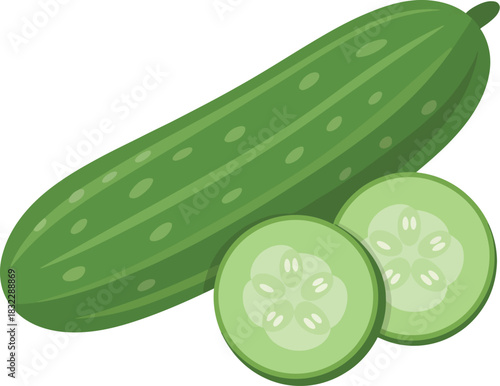 A whole cucumber and two slices of cucumber are shown against a white background.