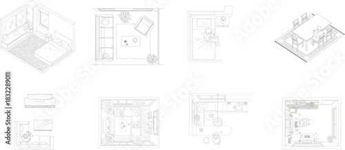 Mixed Perspective Interior Design Floor Plans With People