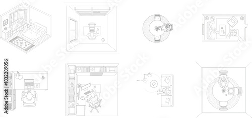 Mixed Perspective Interior Design Floor Plans With People