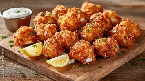Delicious fried fish bites with lemon served on a wooden board