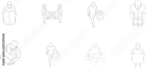 People Transporting Luggage and Boxes Line Art batch