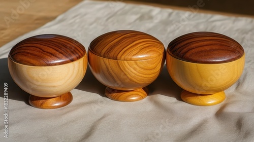 Collection of simple sturdy wooden bowls handcrafted with care displaying natural wood grain patterns