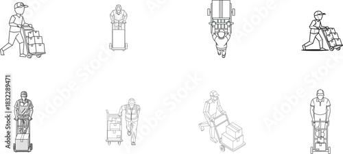 Top View Line Art of Delivery Personnel with Hand Trucks Keywords: top view, line art, delivery