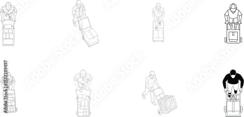 Top View Line Art of Workers with Hand Trucks and Boxes Keywords: top view, line art, worker