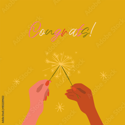 Congrats. Celebration event poster with hands holding sparklers bengal fire
