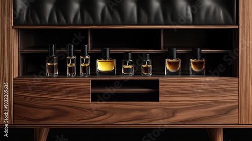 Display of elegant perfume bottles on a dark walnut shelf