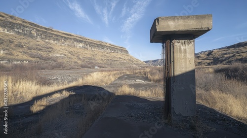 Crumbling concrete pillar with exposed rebar outdoors
