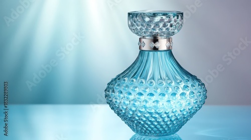 Elegant blue perfume bottle with intricate glass design