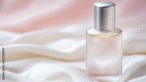 Elegant frosted perfume bottle on white and pink silk fabric