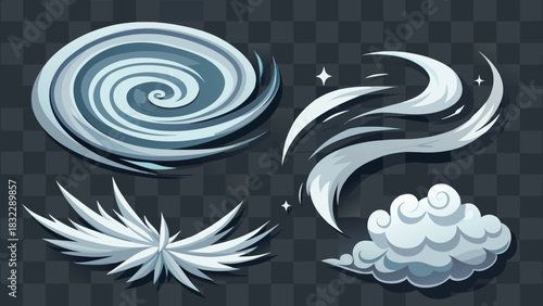 Illustrations of winter wind patterns in vector format, featuring dynamic swirls and lines representing cold breezes..eps