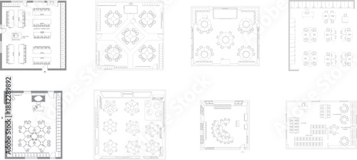 Assortment of Office and Workspace Floor Plan Designs Keywords: office, floor plan, layout