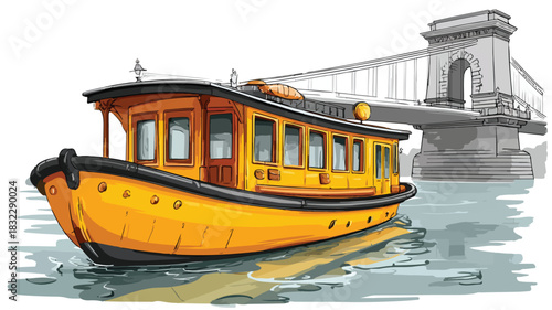 Serene Black and Yellow Boat with Bridge in Background Vector Image