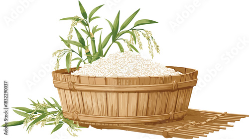 Rice Basket with Bamboo Plant Vector Illustration