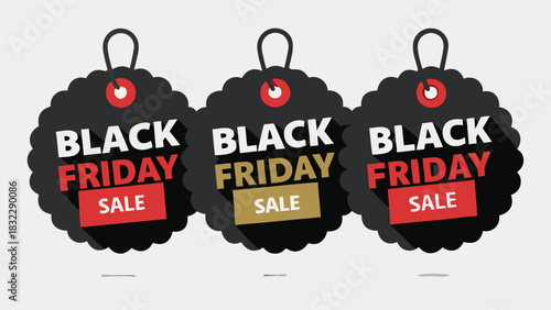 Multiple Black Friday sale tags featuring bold text and vibrant colors, highlighting special offers and discounts.eps