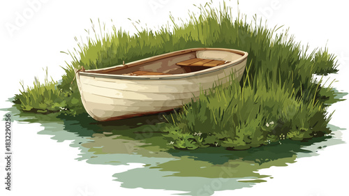 Boat in Water and Grass - Vector Illustration with Outline Design